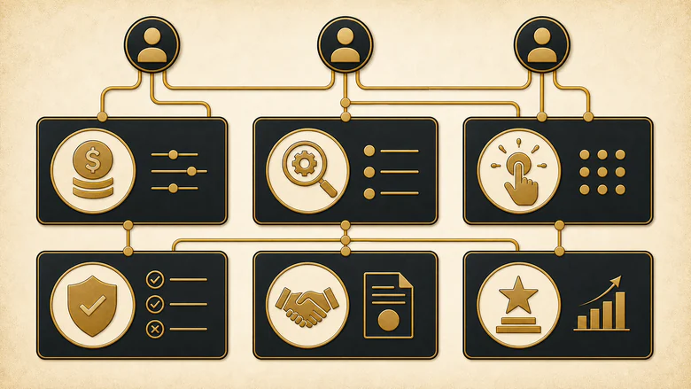 Diagram showing buying committee decision functions as modular tiles, with one person holding several functions and one function shared by several people