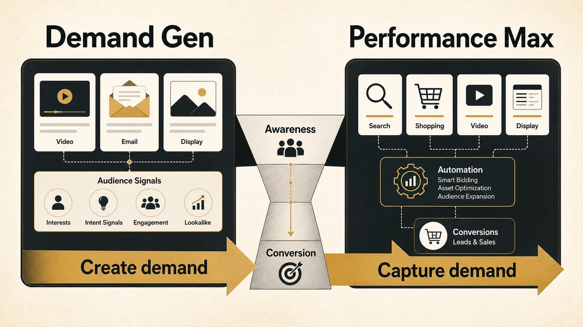 Featured image comparing Demand Gen and Performance Max as demand creation versus demand capture systems