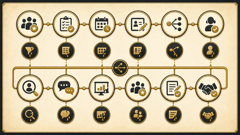 Diagram mapping the twelve states a B2B demo request passes through from eligible visit to accepted opportunity, with the loss event at each stage