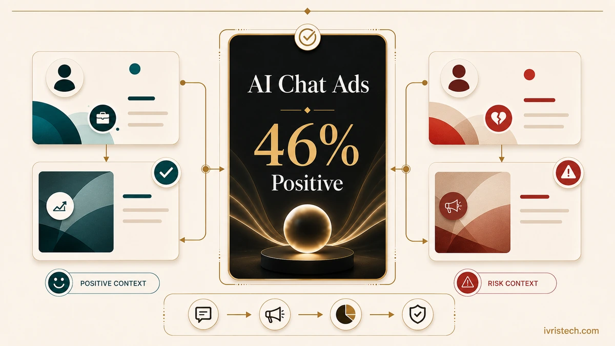 Editorial comparison showing 46% positive sentiment toward AI chat ads, contrasted between relevant conversation context and risky sensitive placements.