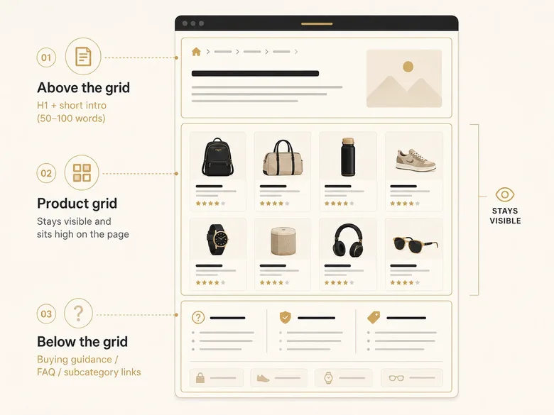 Ecommerce category page SEO layout showing a short H1 and intro above the product grid and buying guidance content below it