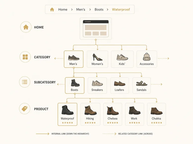 Ecommerce category page SEO hierarchy diagram showing breadcrumb path from homepage to category to subcategory to product