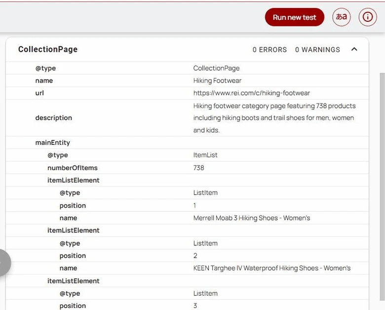 Schema Markup Validator showing valid CollectionPage, BreadcrumbList, and ItemList structured data for an ecommerce category page