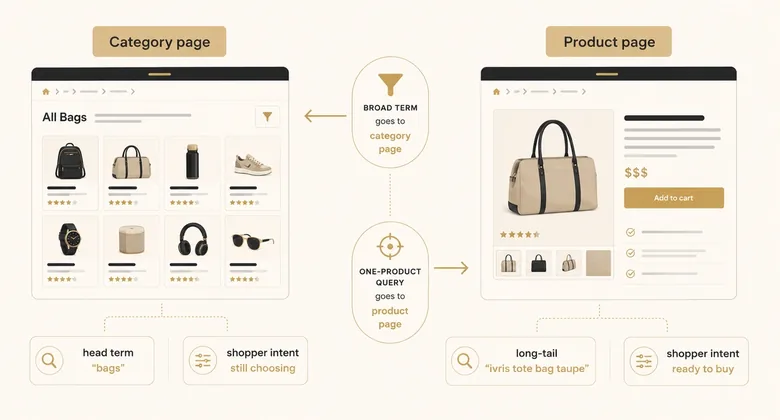 Diagram comparing ecommerce category page SEO and product page SEO by the search terms and intent each page type targets