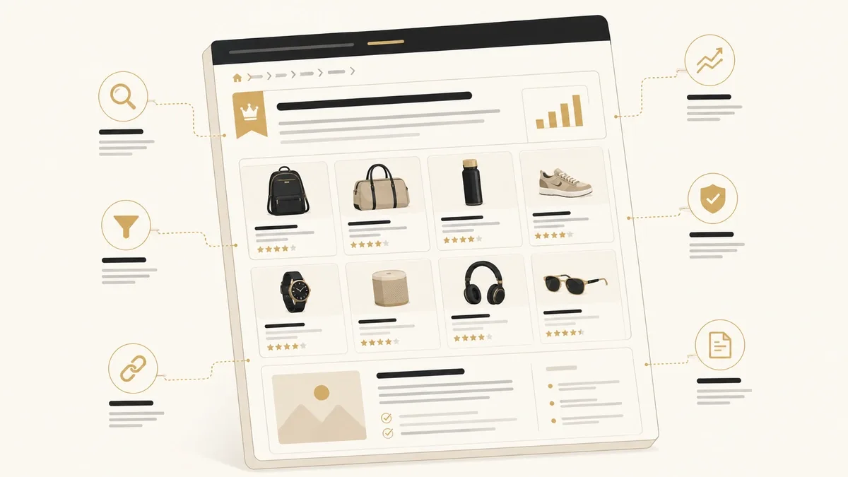 Ecommerce category page SEO showing filters, product grids, category structure, internal links, and search optimization