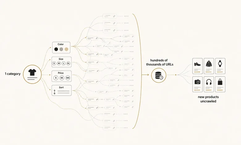 Diagram of how ecommerce faceted navigation multiplies one product category into thousands of crawlable URLs and wastes crawl budget