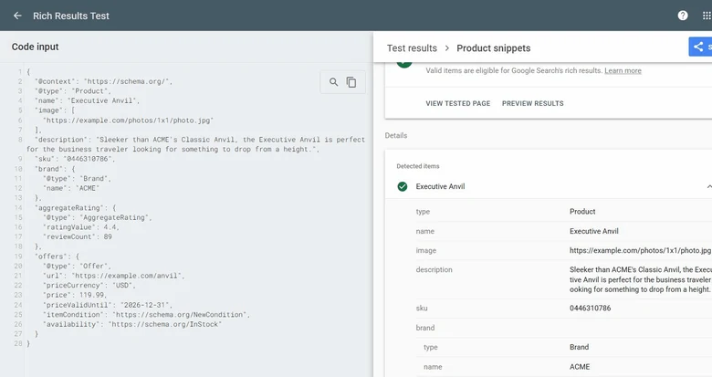 Google Rich Results Test showing a valid Product snippet from Product JSON-LD with rating and offer properties in the tested code