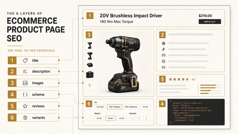 The six layers of ecommerce product page SEO: title, description, images, schema, reviews, and variant handling