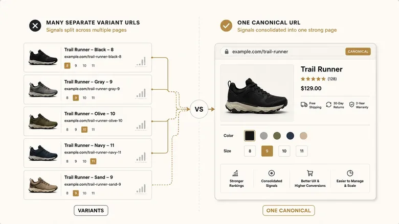 Diagram of ecommerce product variants consolidated under one canonical URL instead of separate indexed pages