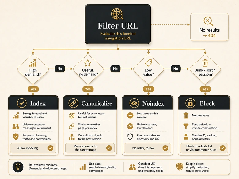 Ecommerce SEO audit decision flowchart for faceted navigation URLs: index, canonicalize, noindex, or block filter pages