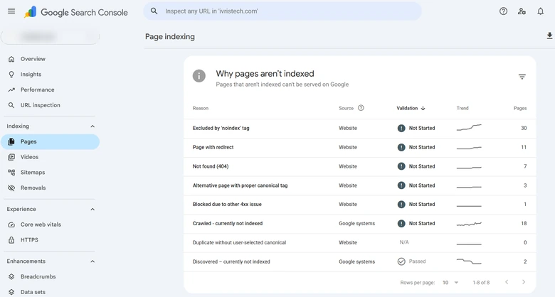 Second part of Google Search Console Page indexing report showing detailed indexing issues during an ecommerce SEO audit