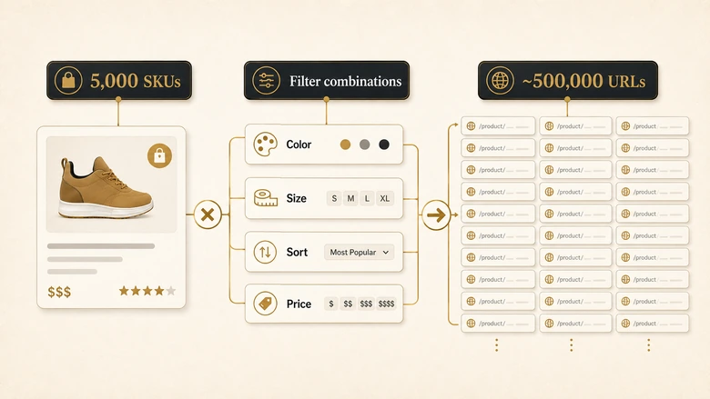 Diagram showing how a 5,000-product ecommerce catalog multiplies into 500,000 crawlable URLs through filters and sort parameters