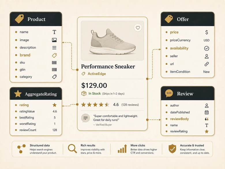 Anatomy of ecommerce product schema showing Product, Offer, AggregateRating, and Review markup validated for an ecommerce SEO audit