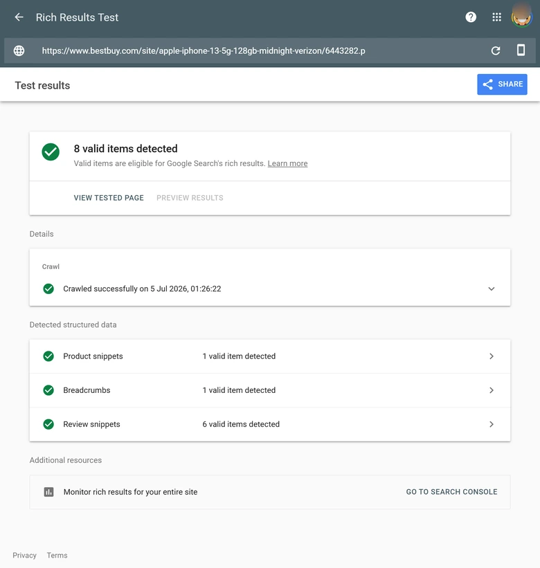 Google Rich Results Test validating Product, Offer, and AggregateRating schema on an ecommerce product page during an SEO audit