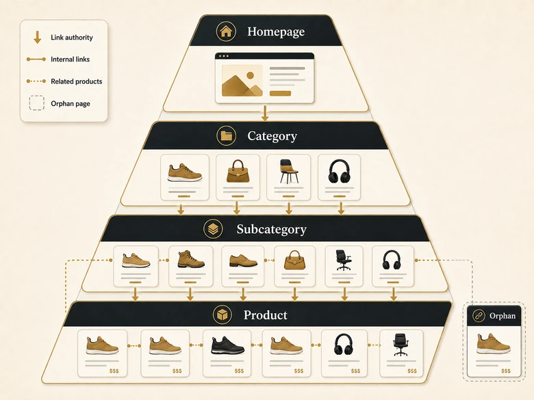 Ecommerce site architecture pyramid showing link authority flowing from homepage to category, subcategory, and product pages