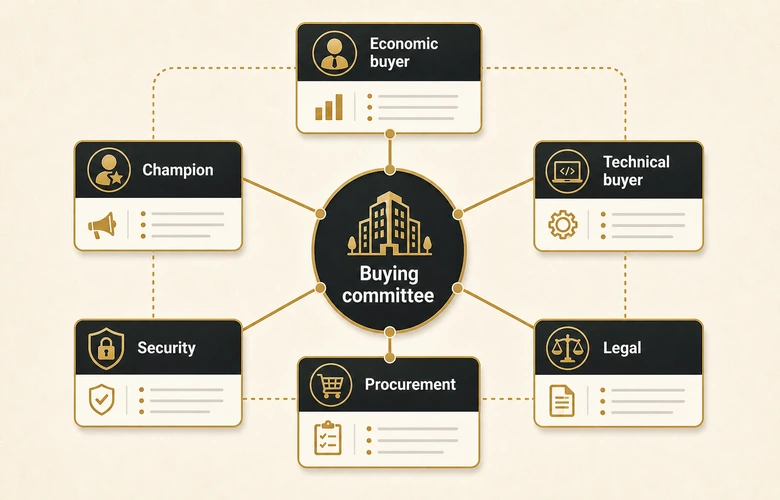 Enterprise buying committee map with economic buyer, champion, technical buyer, security, procurement, and legal roles