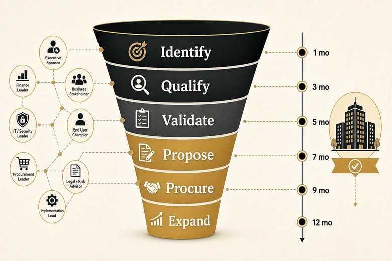 Enterprise sales funnel diagram showing six stages from account identification to expansion with typical durations