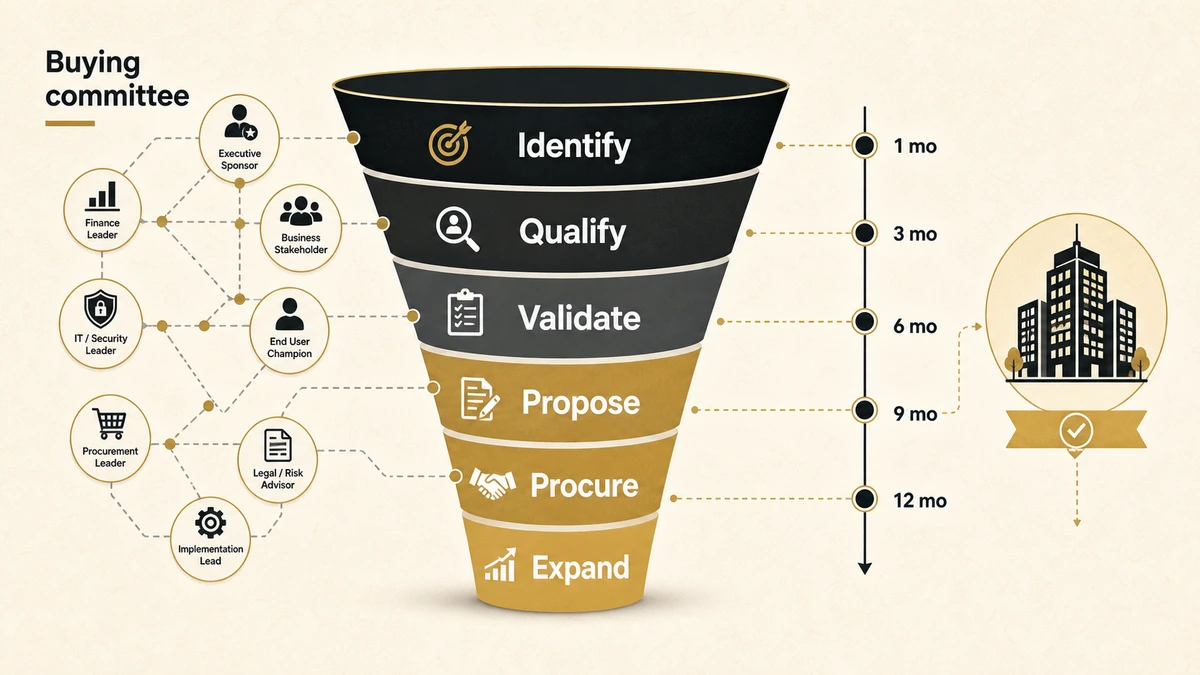 Featured image for an enterprise sales funnel showing buying committee roles and a long-cycle deal path