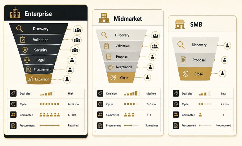 Enterprise vs mid-market vs SMB sales funnel comparison by deal size, sales cycle, and buying committee size