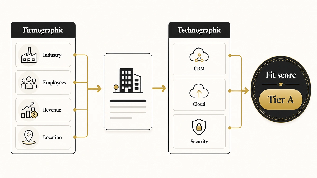 Firmographic and technographic data combining into a single B2B account fit score