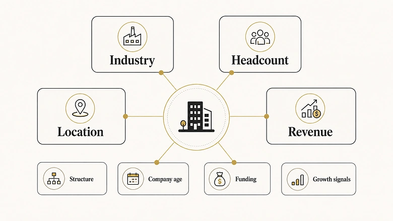 Common firmographic data fields including industry, revenue, headcount, and location