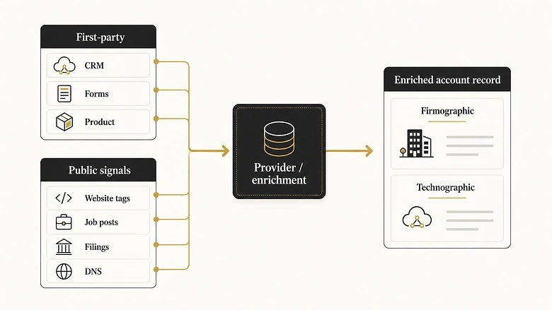 Where firmographic and technographic data come from, flowing into an enriched CRM record