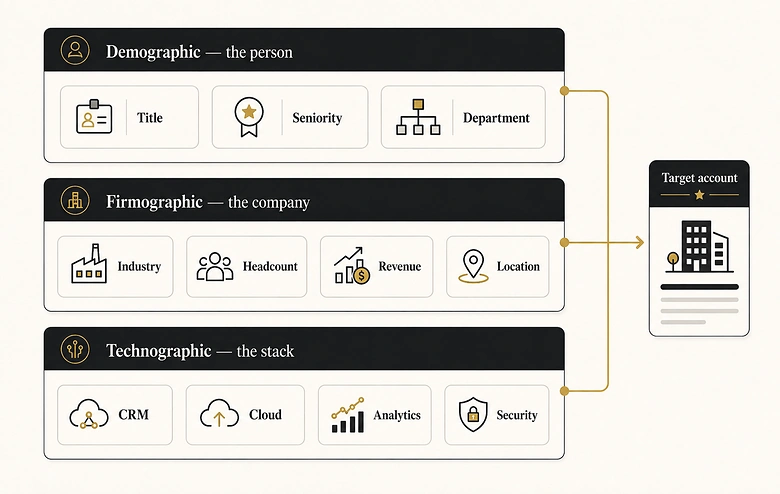 Three B2B targeting layers: demographic, firmographic, and technographic data