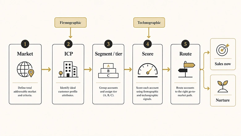 Firmographic and technographic data feeding ICP, segmentation, scoring, and routing