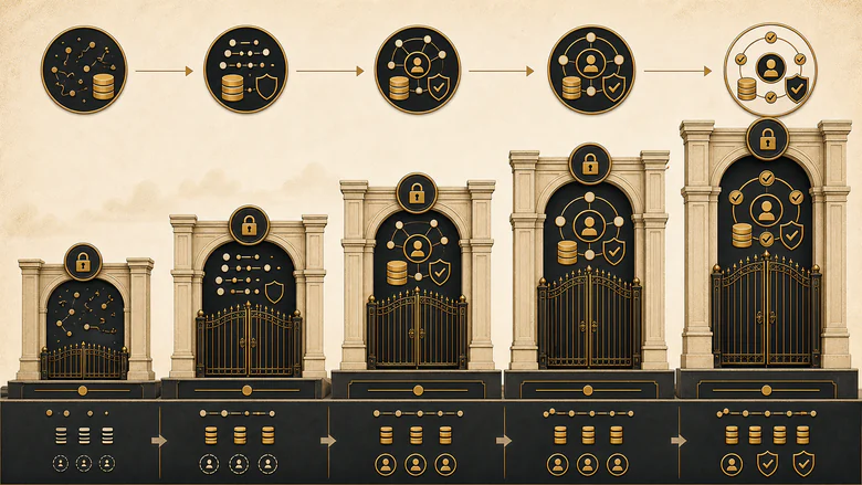 Five-level B2B first-party data maturity model showing gated progression from uncontrolled through instrumented, governed, resolved and assured
