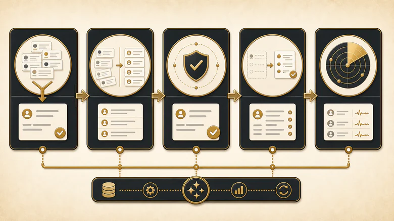 Diagram of the five operations of data cleansing services: deduplication, standardization, validation, enrichment, and monitoring