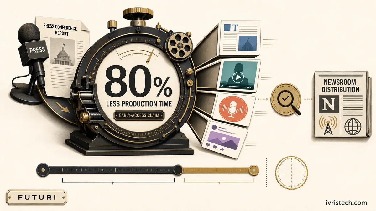 Futuri Content Automation turns a press conference into article, video, podcast and social outputs around an 80% production-time claim.