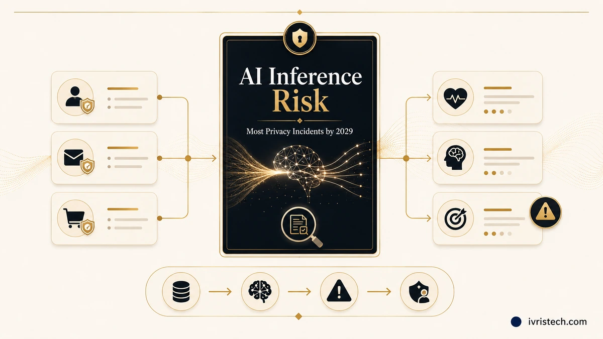 Editorial risk-flow illustration showing protected personal data entering an AI inference system and producing sensitive health, behavior, and intent conclusions.