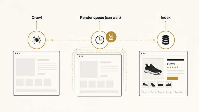 Diagram of Googlebot's crawl, render queue, and index pipeline showing how JavaScript-dependent ecommerce product data can be indexed late