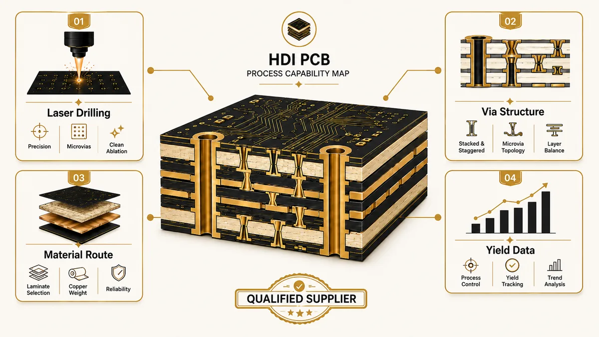 HDI PCB manufacturer selection map with laser drilling, via structure, material route, and yield data
