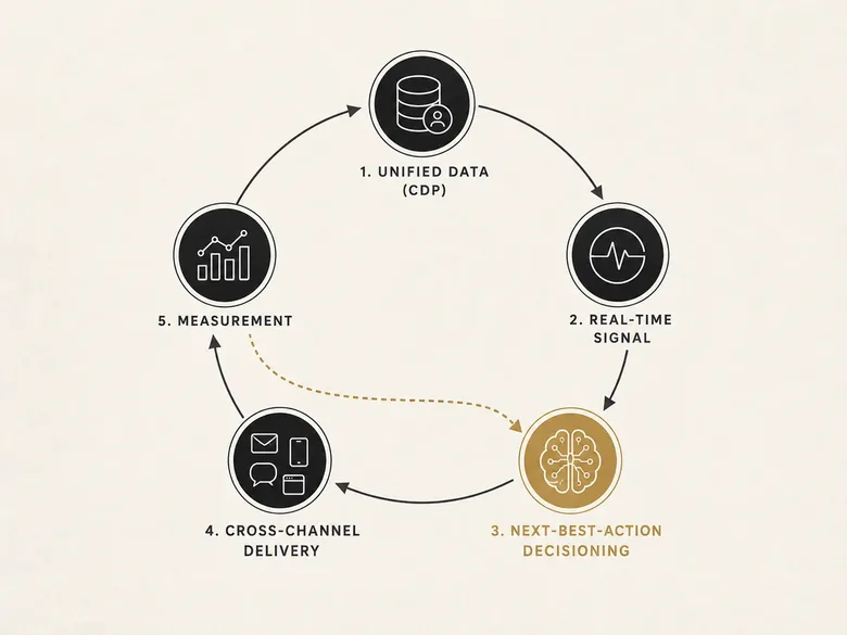 The customer journey orchestration loop: unified data, real-time signal, next-best-action decisioning, cross-channel delivery, and measurement feedback