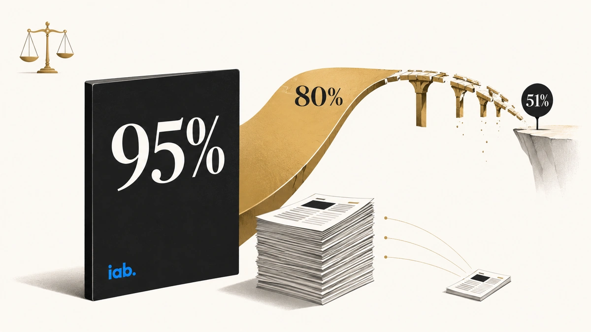 Editorial illustration showing 95% AI impact narrowing from 80% publisher optimism to 51% lasting value.