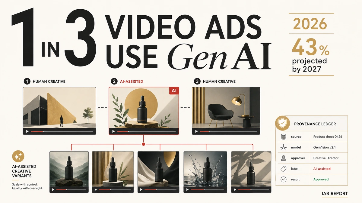 Editorial illustration showing one in three video ad frames marked as GenAI-assisted, branching into controlled creative variants with a provenance ledger for source, model, approval, label, and result.