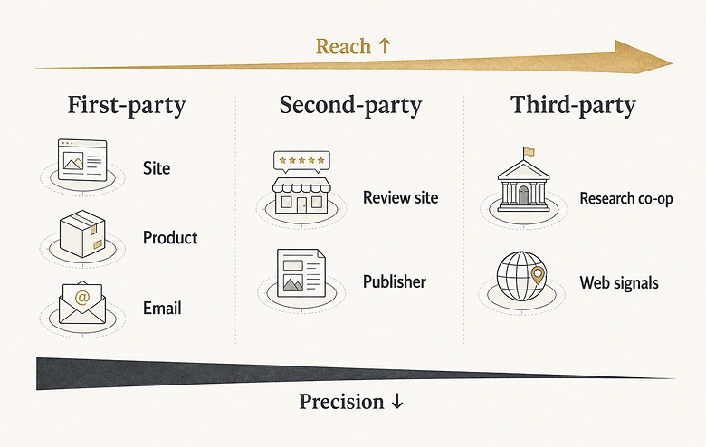 Diagram comparing first-party, second-party, and third-party B2B intent data by precision and reach