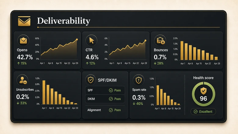 HubSpot email health dashboard showing opens, click-throughs, hard bounces, unsubscribes, and date range controls