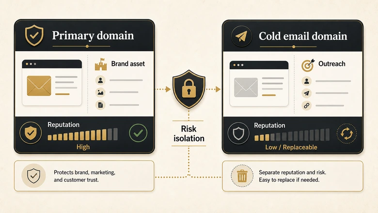 Primary domain vs cold email domain comparison showing the protected brand domain beside a replaceable cold outreach domain