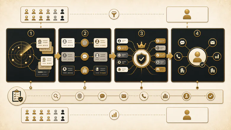 Lead deduplication four-stage process flow: detect candidate duplicates, match on identifiers, apply survivorship rules, then merge and re-link records