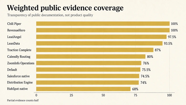 Bar chart of weighted public evidence coverage by lead routing product, from Chili Piper at 100% to HubSpot native at 68%