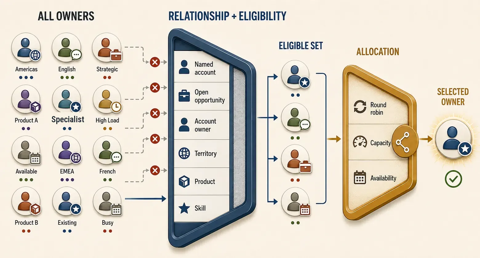 Diagram showing relationship resolution narrowing the eligible owner set before a lead distribution model allocates