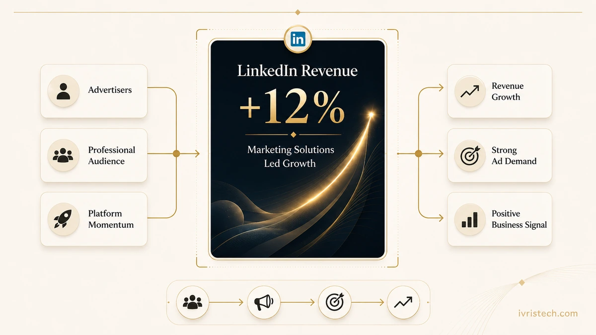 Editorial illustration showing LinkedIn revenue rising 12% as advertisers, professional audiences, and platform momentum drive Marketing Solutions growth.