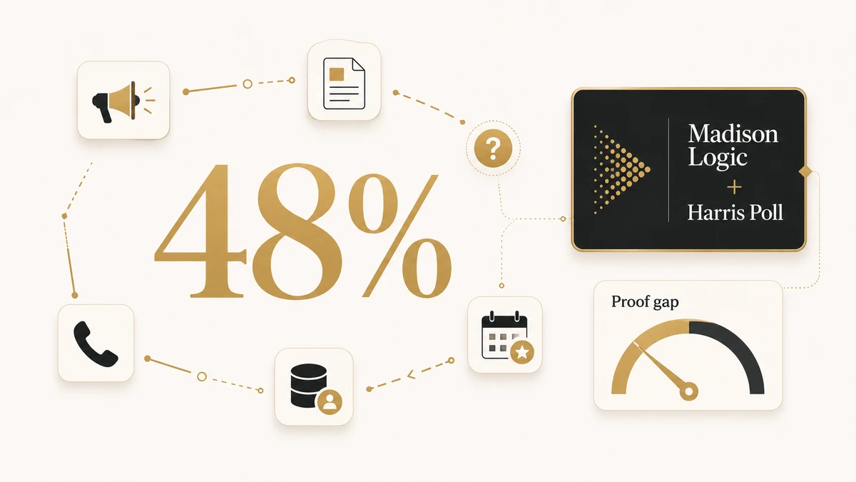 Editorial data illustration showing a large 48% statistic, disconnected B2B journey touchpoints, Madison Logic and Harris Poll label, and proof gap gauge.