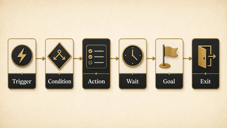 Diagram of a marketing automation workflow showing trigger, condition, action, wait step, goal, and exit connected in sequence