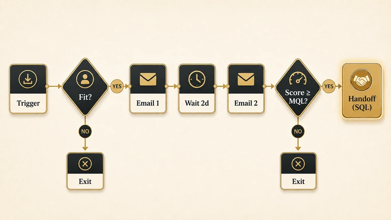 B2B lead nurture marketing automation workflow map branching to a sales handoff when the lead score passes the MQL threshold
