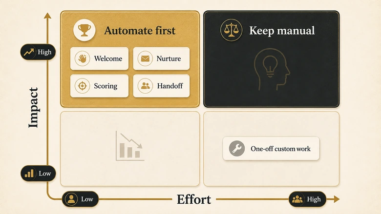 Impact-versus-effort matrix for deciding which marketing processes to automate first, with repetitive high-volume tasks in the top priority quadrant
