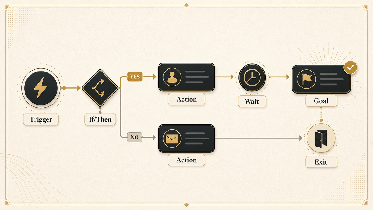 Marketing automation workflow diagram showing a trigger, if-then branch, action steps, wait step, goal, and exit path.