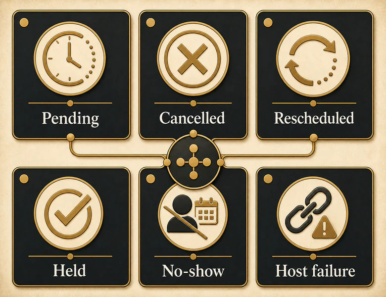 Meeting outcome lineage showing how a booked meeting resolves into pending, cancelled, rescheduled, held, no-show, host failure or unverified states
